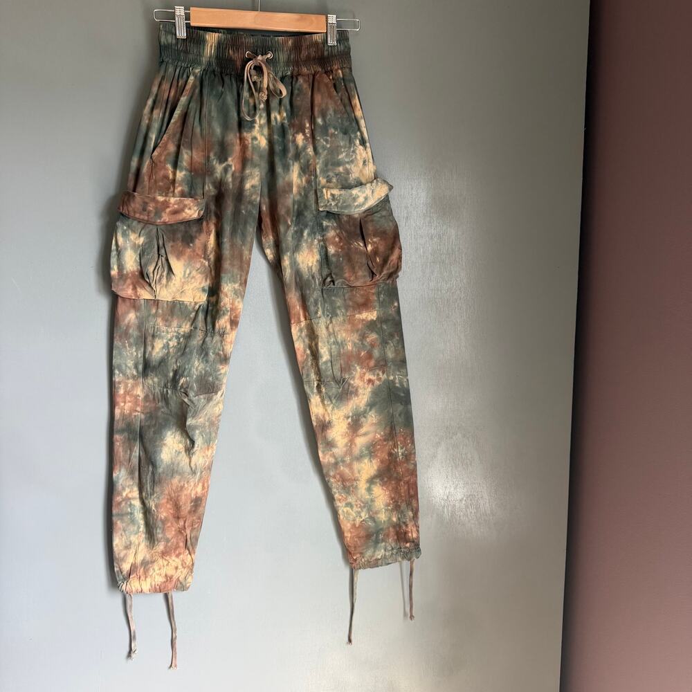 MNML Unisex XS Tie Dye Camo Elastic Waist Drawstring Ankle Cargo Pants Cotton